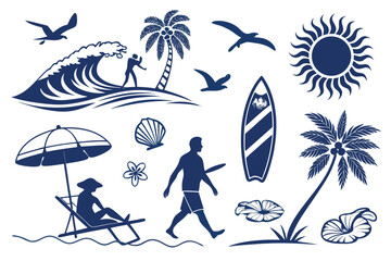 Hand-drawn doodle beach and surf icon vector set with tropical elements like palm trees, waves, surfboards, and sun. Perfect for summer designs, t-shirts, posters, and coastal design.