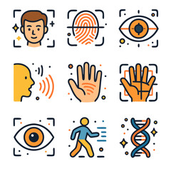 Biometric Human Identity and Security Technology Icons on Isolated White Background