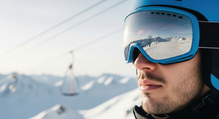 Confident man wearing blue ski helmet and reflective goggles stands in snowy mountain landscape with cable cars and bright clear winter sky in background