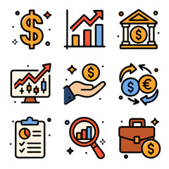 Business Finance and Data Analytics Investment Icons on Isolated White Background