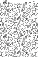 Coloring Book Kids Back to school seamless pattern illustration featuring education elements like globe, calculator, tablet, pencil and stationery items