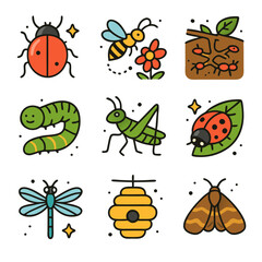 Diverse Insects and Wildlife Animal Icons on Isolated White Background