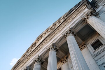 Majestic courthouse with ornate columns under a bright, azure sky, captured sharply.