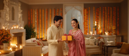 young indian couple holding gift box together on diwali festival