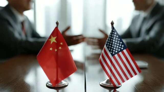 China and USA Diplomatic Meeting Flags on Table Close-Up