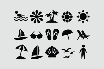 Obraz premium Hand-drawn doodle beach and surf icon vector set with tropical elements like palm trees, waves, surfboards, and sun. Perfect for summer designs, t-shirts, posters, and coastal design.
