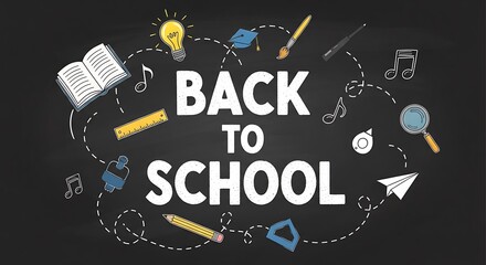 Chalkboard art with Back to School surrounded by school supplies and musical notes