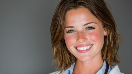 Naklejka premium Smiling woman, doctor or nurse, with shoulder-length hair on gray background