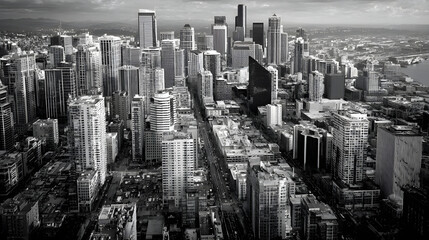 Monochrome Urban Metropolis: Grayscale Exploration of Architectural Wonders Amidst Dramatic Skies and Intriguing Silhouettes Captured in Timeless Black and White