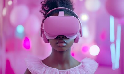 Young Black African American girl VR gaming with a headset, capturing youthful excitement and immersion in a virtual reality gaming experience, Generative AI
