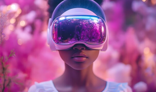 Young Black African American girl VR gaming with a headset, capturing youthful excitement and immersion in a virtual reality gaming experience, Generative AI - Powered by Adobe