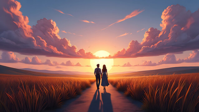 Man walking silhouette during sunset in desert and mountains