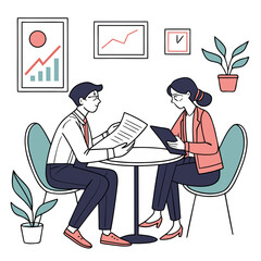 Business meeting of two colleagues discussing financial report isolated on white background