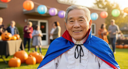 Elderly man in vibrant vampire costume smiling at festive outdoor halloween celebration with friends and carved pumpkins in autumn afternoon sunlight