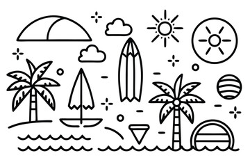 Hand-drawn doodle beach and surf icon vector set with tropical elements like palm trees, waves, surfboards, and sun. Perfect for summer designs, t-shirts, posters, and coastal design.