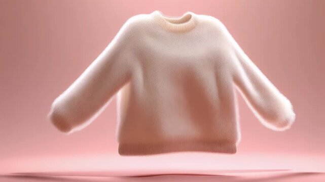 A white sweater is floating in mid-air against a soft pink background with a subtle shadow below. The concept of fashion and autumn clothing.