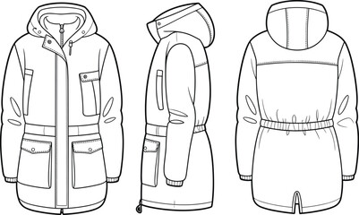 Hooded jacket sketch, front side back views, zipper closure, belt detail, drawstring hem, multi-pocket design, fashion flat, clothing template, garment layout.