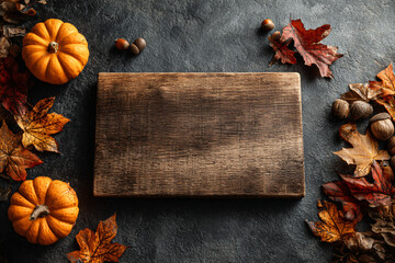 Wooden board with scattered autumn leaves and pine cones