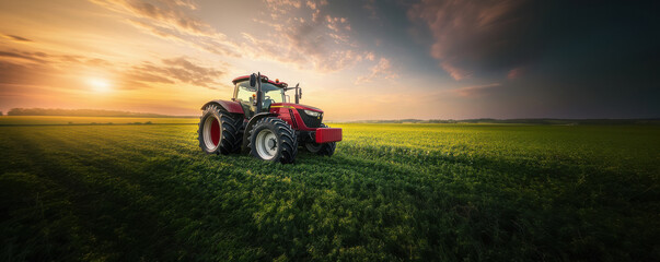 Fototapeta premium tractor standing at green agricultural field