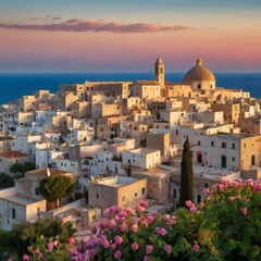 Picturesque White City of Ostuni in Puglia at Sunset