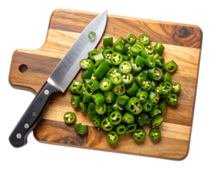  “Chopped Jalapeño Peppers on Rustic Wooden Cutting Board with Knife, Isolated”.