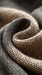 Fototapeta premium Macro shot reveals the intricate details of soft brown linen fabric texture, showing the weave and subtle color variations under the studio lighting conditions.