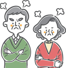 怒っているシニア夫婦　上半身　ベクター
