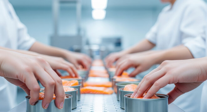 Workers manually placing fresh salmon into metal cans on automated conveyor belt in modern seafood processing facility