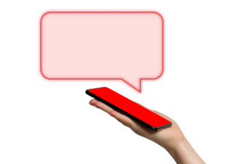 A woman's hand holding smartphone in her hand on a white background with a red speech bubble. Warrning, danger notifications, natural disasters alert.