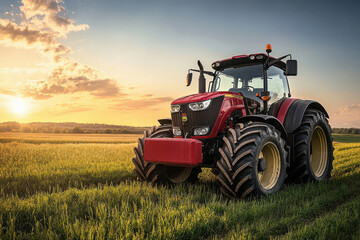 tractor standing at green agricultural field