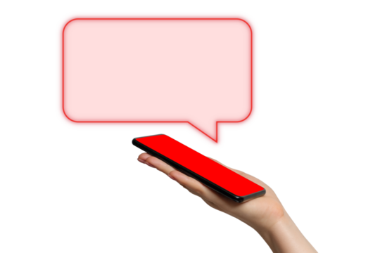 A woman's hand holding smartphone in her hand on a white background with a red speech bubble. Warrning, danger notifications, natural disasters alert.