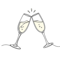 Line art vector illustration of two champagne glasses clinking, visible muted yellow colored drink inside. Celebration, happy events and anniversaries concept. Toasting at parties