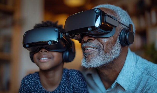 Black African American grandfather and grandchild VR gaming with headsets, symbolizing family bonding and the shared experience of virtual reality play, Generative AI