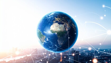 Hand holding a globe with network connections around it, symbolizing global unity, technology, and interconnectedness.