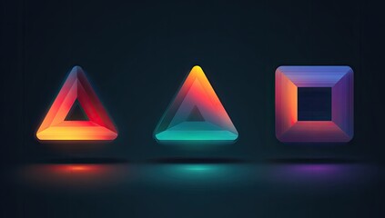 Three vibrant 3D shapes?two triangles and a square?in a dark background.  Gradient colors