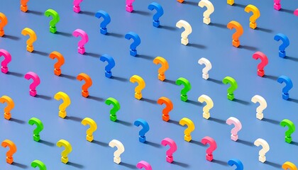 Diagonal rows of colorful question marks on a light blue background, arranged in a playful and abstract pattern.