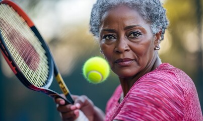 Mature senior Black African American female playing tennis to stay fit and healthy, an active lifestyle and well-being, Generative AI