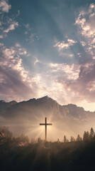 Obraz premium wooden cross floats majestically above the soft with a midpoint