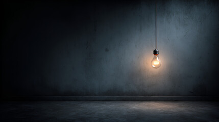 Lit Filament Bulb Hanging in a Dark Room Single Source of Light.