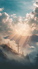 Fototapeta premium wooden cross floats majestically above the soft with a midpoint