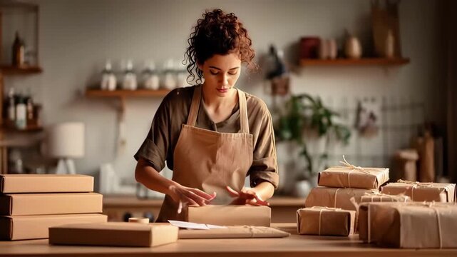 Woman packing cardboard boxes with paper wrapping in cozy workshop, smiling and focused on work, creative small business owner showing care and focus in home workspace filled with shelves and plants