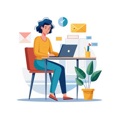 Professional Businesswoman Typing Email at Office Desk – Modern Vector Illustration for Workplace Communication, Productivity and Corporate Use