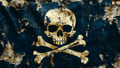 Close-up of weathered pirate flag with skull crossbones design. Symbol of danger, piracy, adventure. Tattered, dark, gothic, historical flag represents rebellion on nautical maritime ocean theme