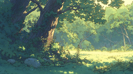 手描き風の繊細なタッチで描かれた森の風景と、差し込むやさしい懐かしさを感じる光が印象的なイラスト素材。自然と癒しをテーマにしたノスタルジックな風景画。