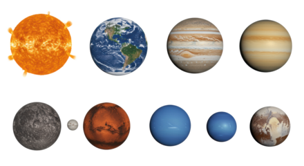 Highly detailed, ultra-realistic UHD photograph of the Sun and planets arranged in two rows against a transparent background with copy space, bright studio lighting, shadowless, educational