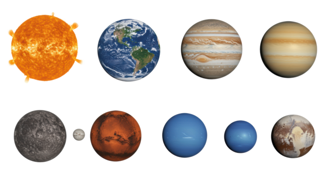 Highly detailed, ultra-realistic UHD photograph of the Sun and planets arranged in two rows against a transparent background with copy space, bright studio lighting, shadowless, educational