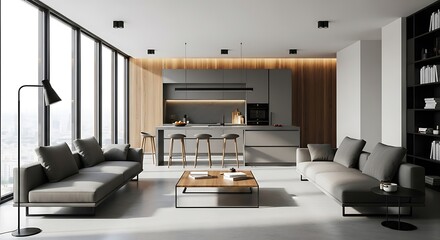 Modern living room with kitchen, ample light and city view
