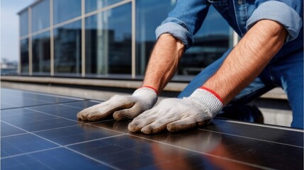 Solar panel installation technician rooftop construction urban environment close-up view renewable energy initiative