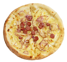 Delicious pizza with sausages and ham isolated 