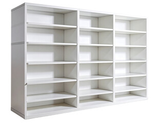 “Empty Contemporary White Bookshelf with Five Tiers, Side View PNG”.